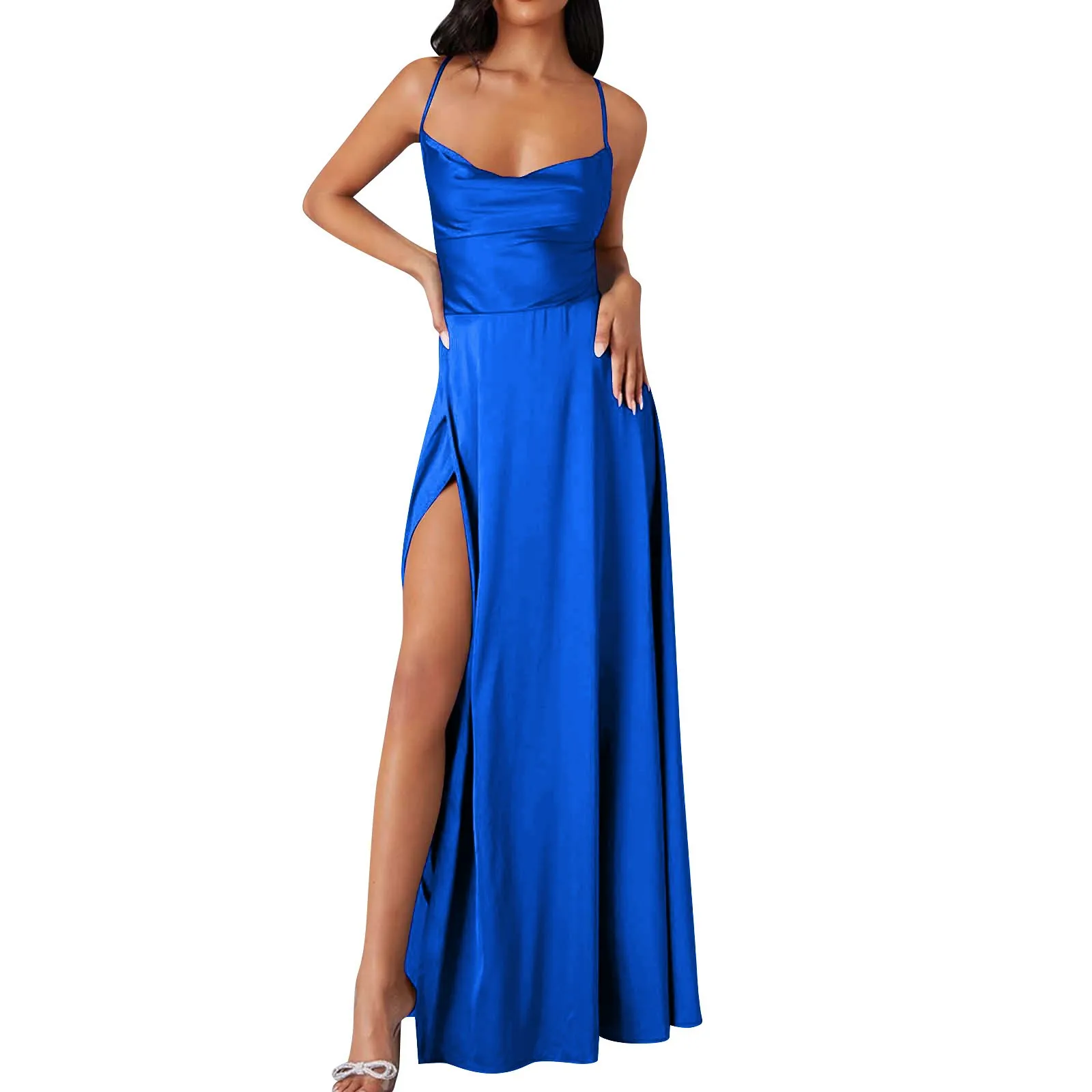 

Women's Backless Long Satin Dress Cowl Neck Cross Spaghetti Strap Hih-Slit Party Long Dress Sexy Slim Evening Dresses Vestidos