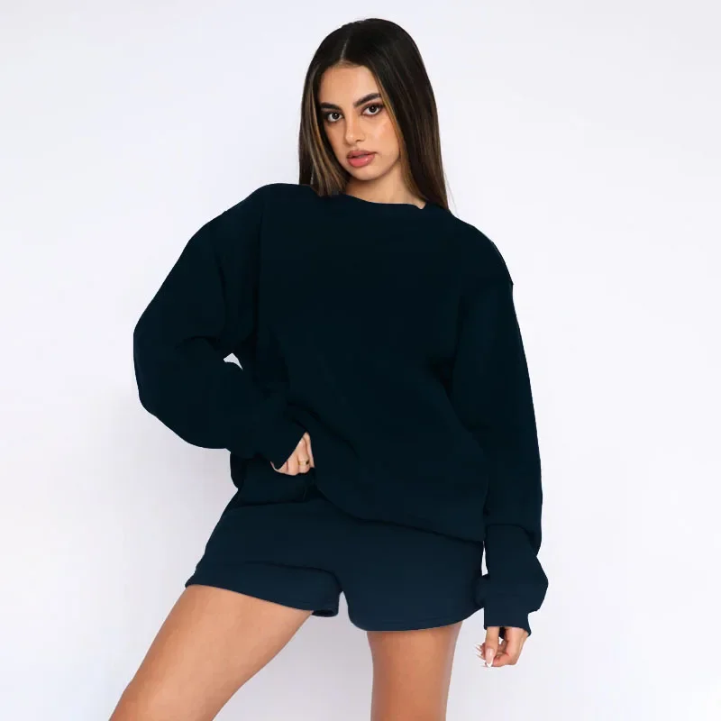 Women's long sleeved sportswear jogging pants casual elegant two-piece set Solid color round collar Sweatshirt Fashion shorts