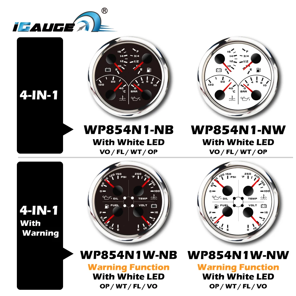 85mm 4 in 1 Black Oil Pressure Fuel Level Meter Voltage Water Temperature Gauge Multifunction Gauge for Car Truck Automobile