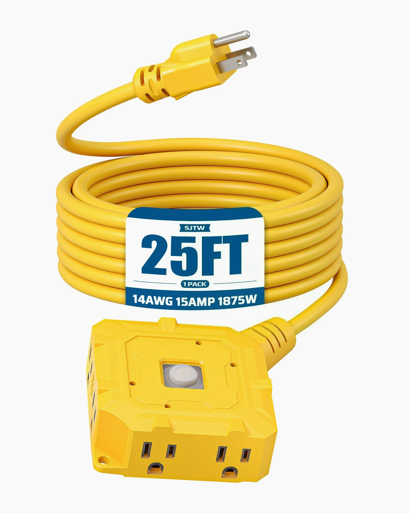 Heavy-Duty 25ft Extension Cord – 14 AWG SJTW Outdoor-Rated Power Cable with 6 Outlets, Built-in Switch & Flexible Silicone Cover | 15A / 125V / 1875W Safe Load Capacity | Yellow Color, Tangle-Resistant Design for Home, Workshop & Garden Use