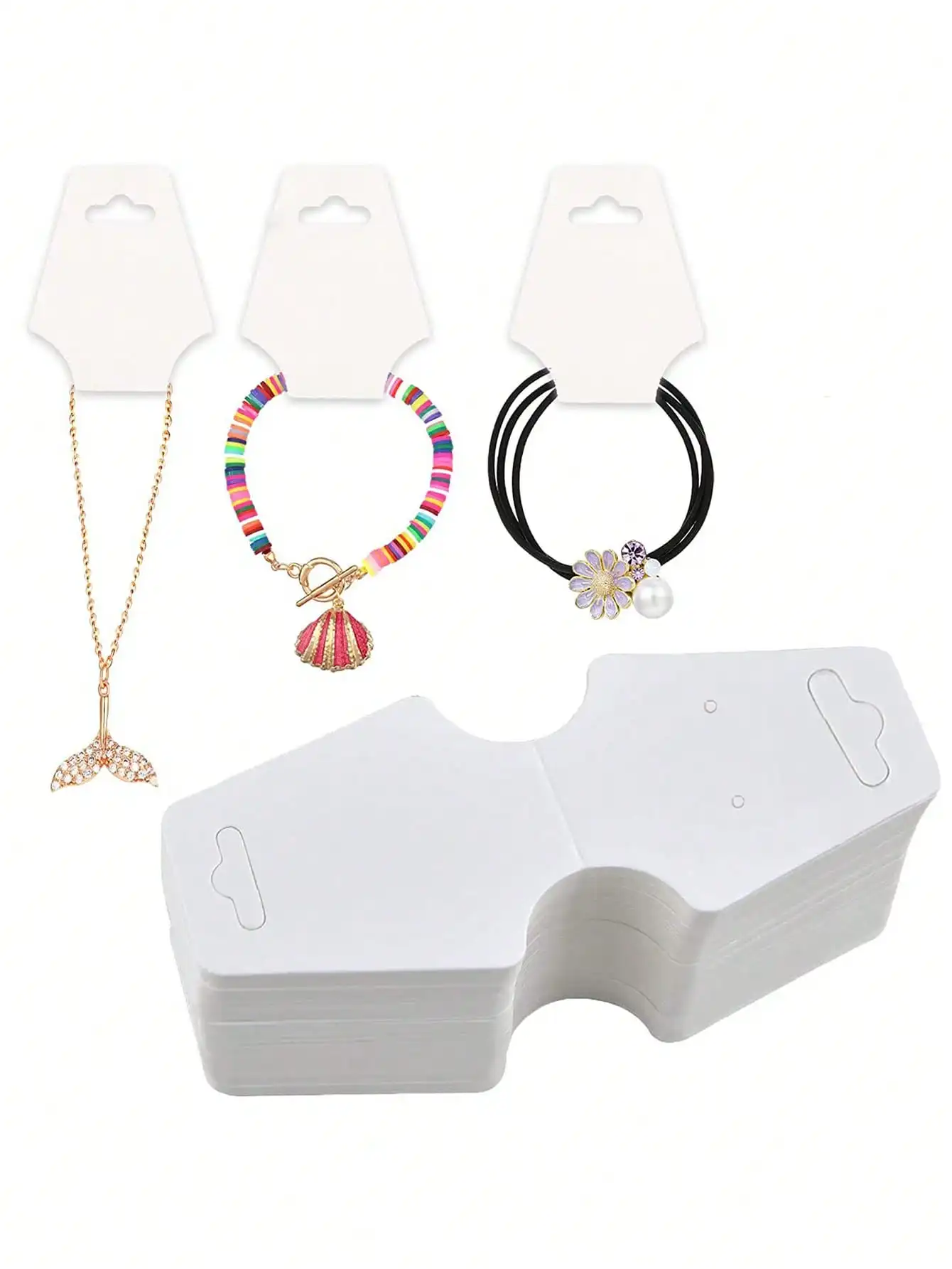 100 stuks stevige sieraden-displaykaarten, zelfklevend, geschikt voor kettingen, armbanden, sleutelhangers, oorbellen en haarbanden