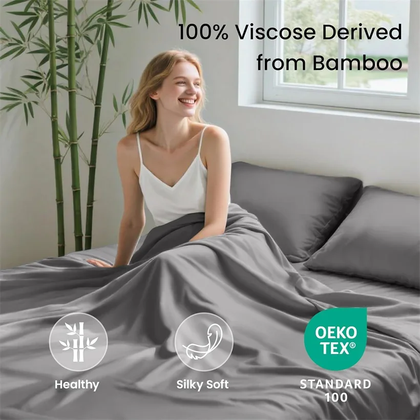 100% Pure Bamboo 4/6 Pieces Bed Sheet Set Cooling Bedding Set Rayon Derived from Bamboo Luxury Silky Fitted Sheet Bedsheet