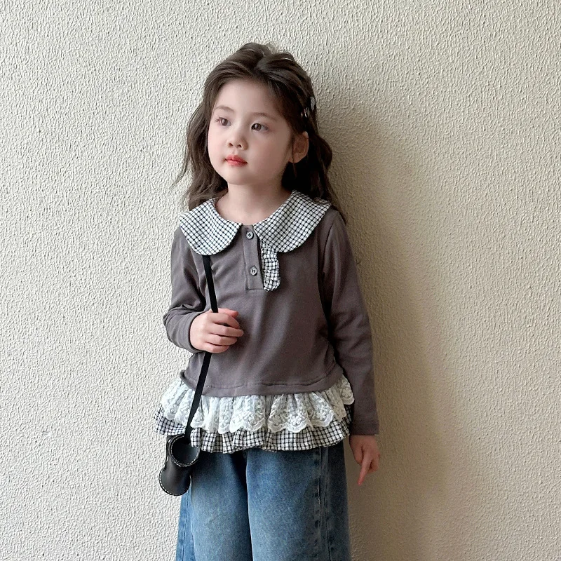 

2025 New Children's Autumn Plaid Lapel Cotton Patchwork Lace Hem Long Sleeved T-shirt