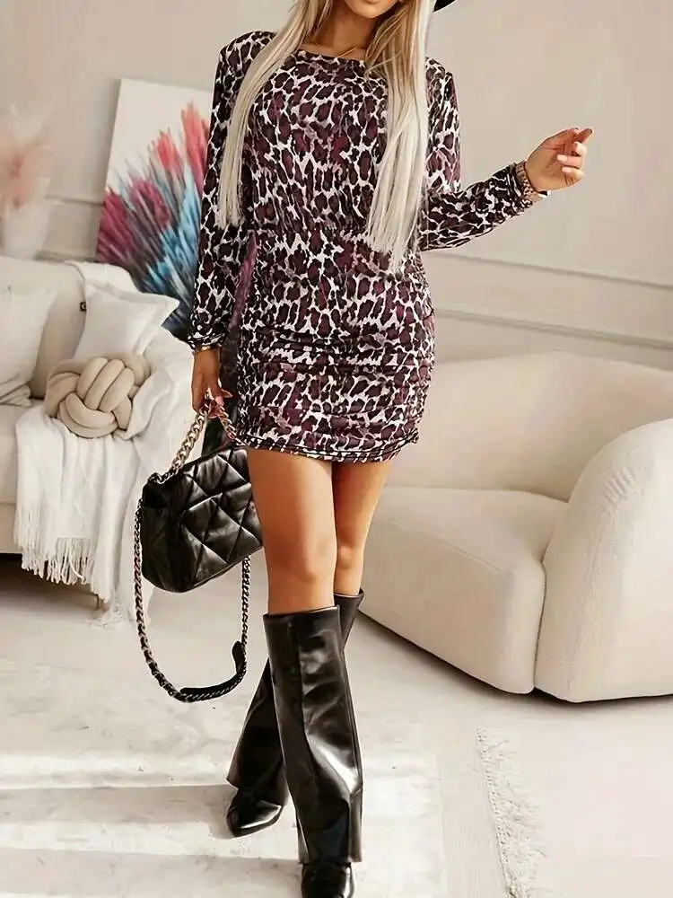 

O Neck Casual Spring Summer Sheath Women 2025 Leopard Patchwork Mini Dress, Long Sleeve Fashion Simple Chic Ladies Dress