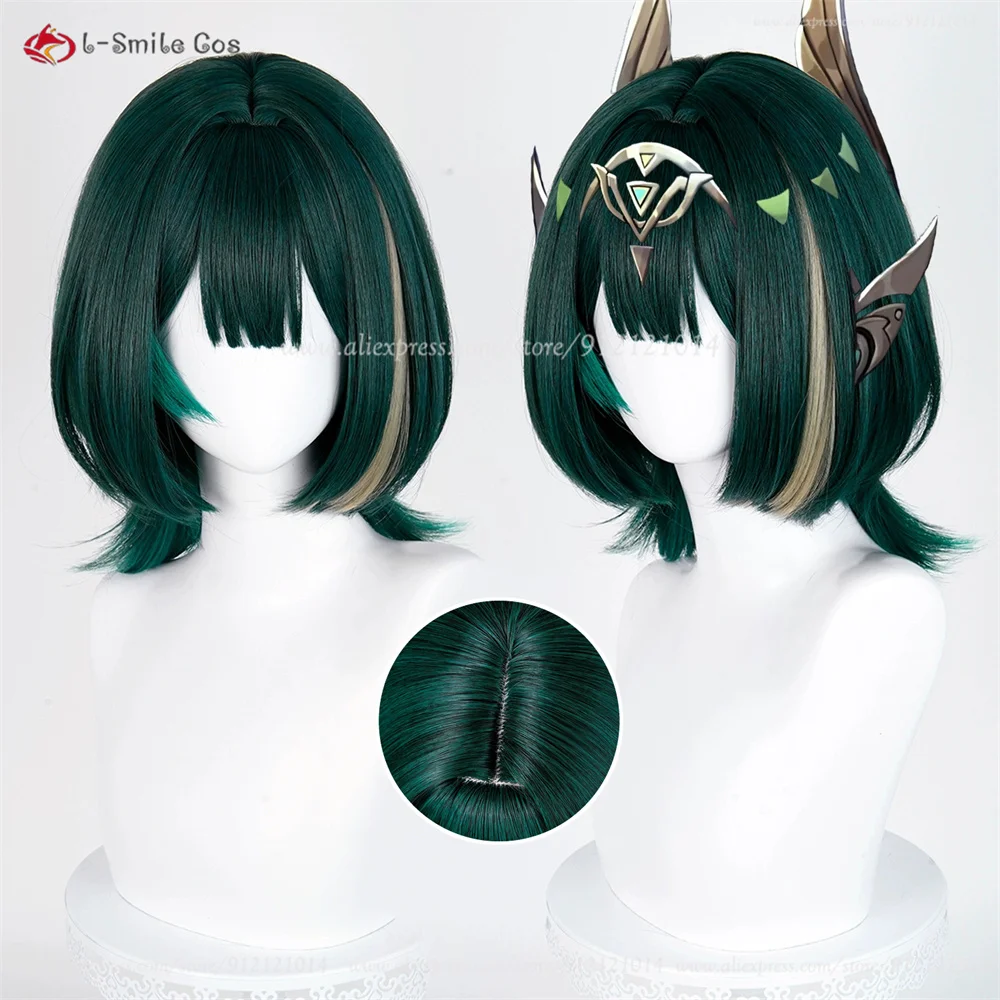 

Парик для косплея Nefer, 36 см, зеленые блики, парики для женщин, парик для косплея, аниме, термостойкие синтетические волосы, Хэллоуин + шапочка для парика