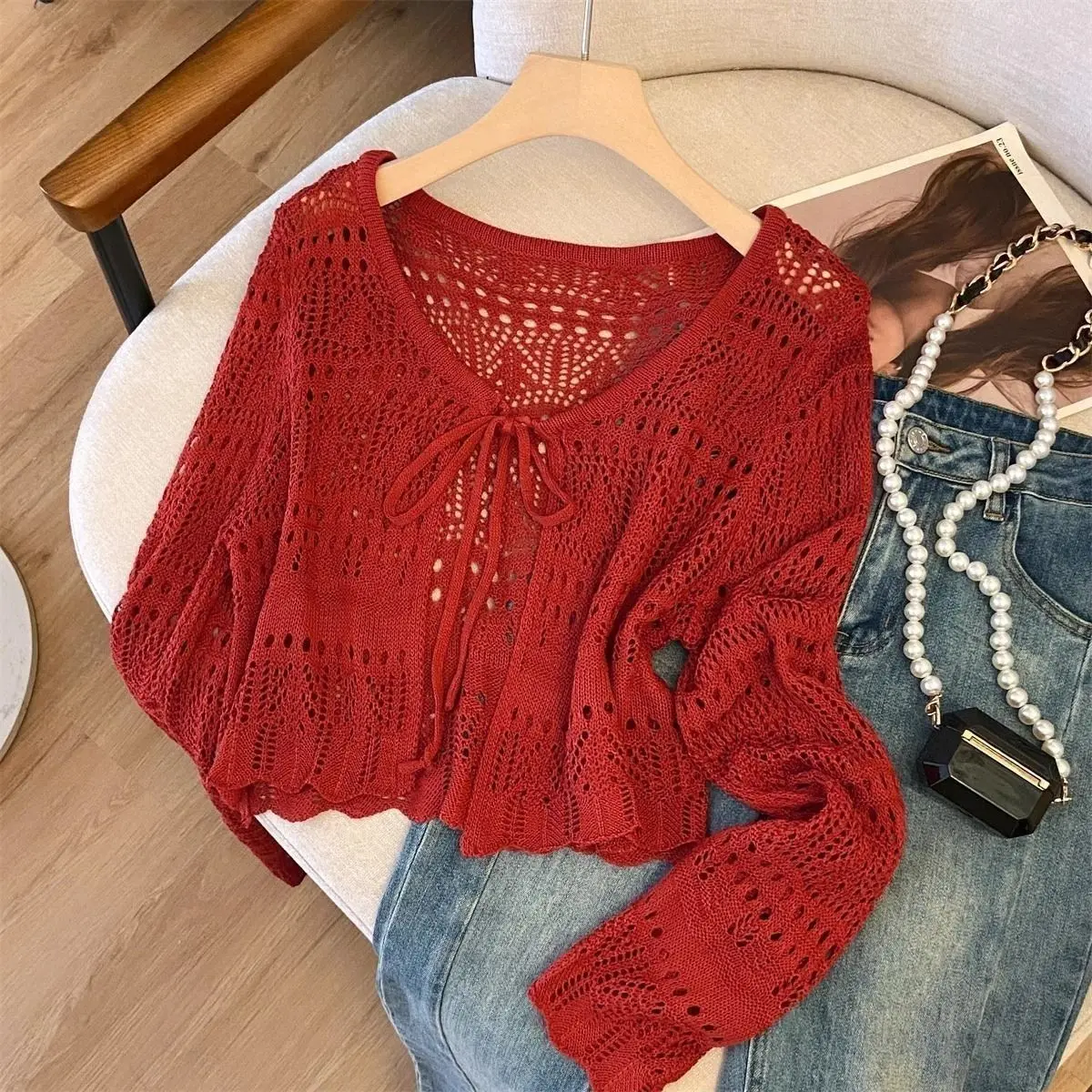 Damen Strick-Cardigan mit langen Ärmeln und UV-Schutz, sexy Hohlstrick-Jacke mit Schnürung, V-Ausschnitt, vielseitiger Schal-Top für den Sommer 2026 – Detail 3