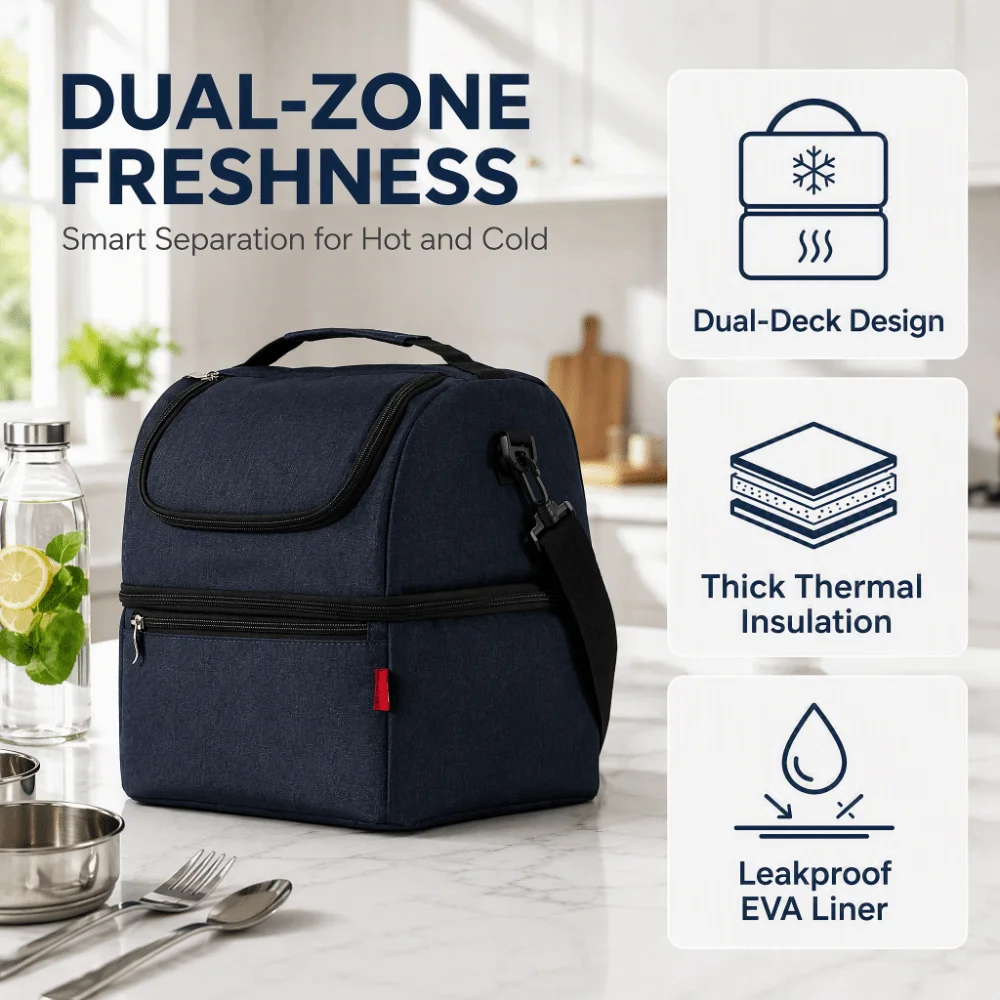 600D Oxford Fabric Insulated Lunch Bag Dual Compartment Shoulder Strap Dual-Deck Cooler Box Waterproof Coating Large Capacity
