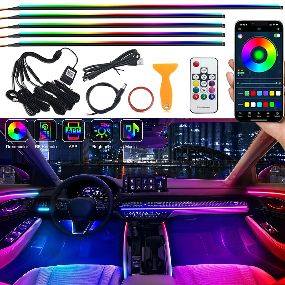 2/5/6 In 1 Car LED Ambient Lights Symphony Rainbow Interior RGB Neon Acrylic Strip Kit USB Atmosphere Lights APP/Remote Control