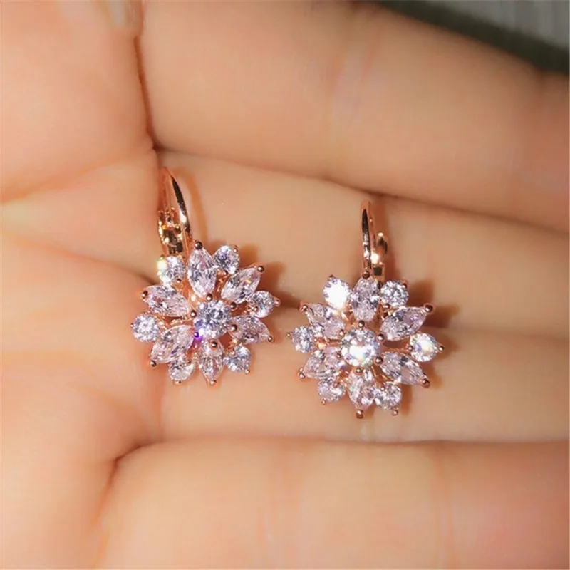 Fashion Rose Gold Color Hoop Earrings Flower Cluster Clear CZ Crystal Zirconia Earring for Women Jewelry