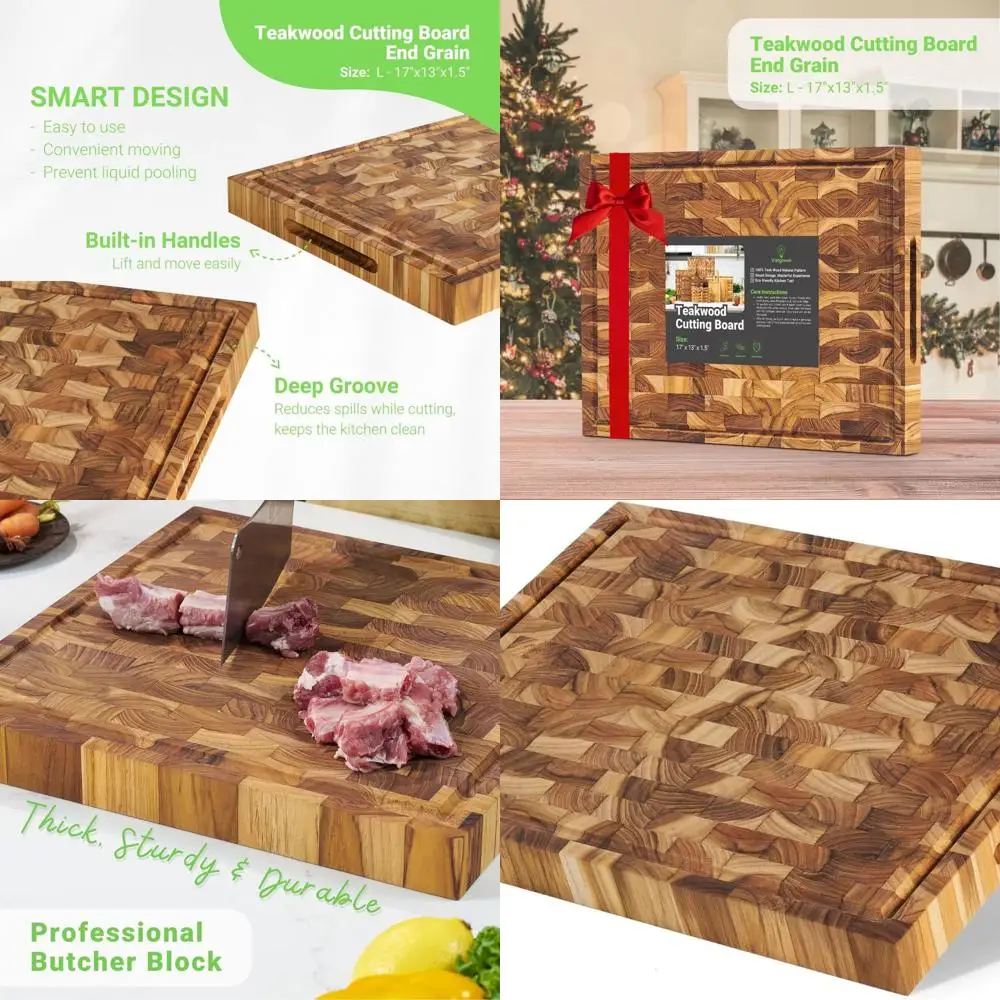 

Large End Grain Teak Wood Cutting Board - Reversible, Deep Juice Groove, Knife-Friendly, Eco-Friendly Kitchen Essential, 17x13x1