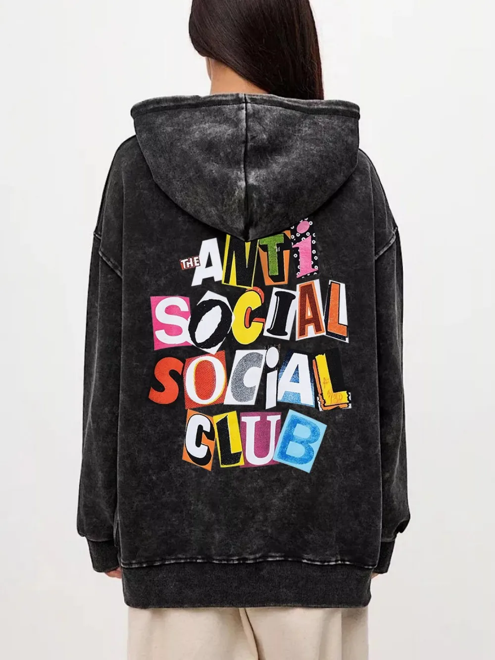 Cotton Women Acid Wash Hoodies Anti Social Sogial Club Printing Streetwear Oversize Pocket Warm Pullovers Autumn Female Clothes