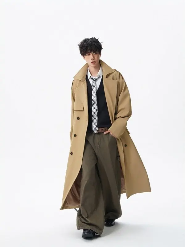 

Модное мужское пальто в британском стиле, до колен, повседневное, модная верхняя одежда с поясом, осенний сезон, полиэстер