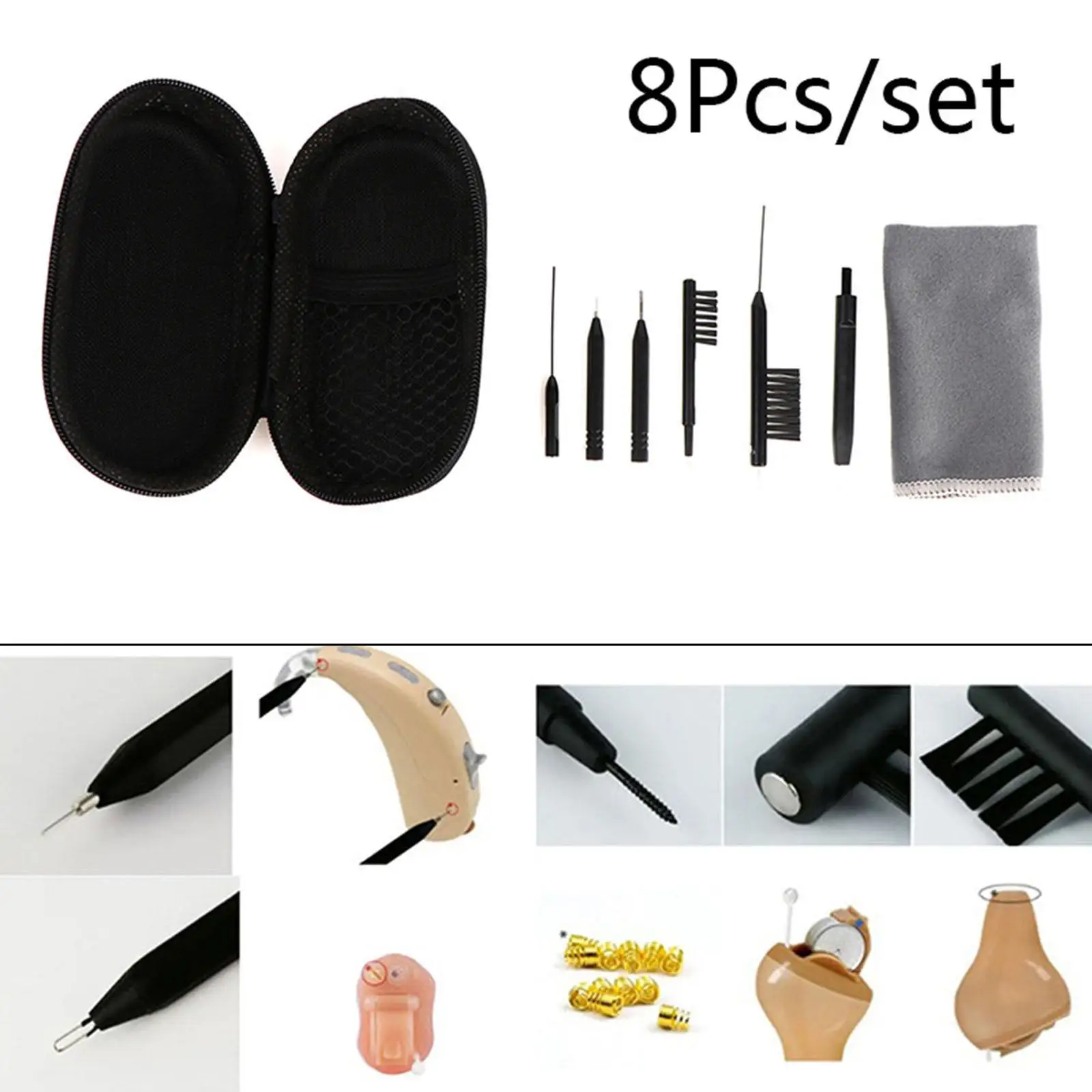8Pcs Hearing Aid Amplifier Cleaning Tools with Storage Bag Maintenance Home Travel Reusable Multipurpose for Earbuds Keyboard