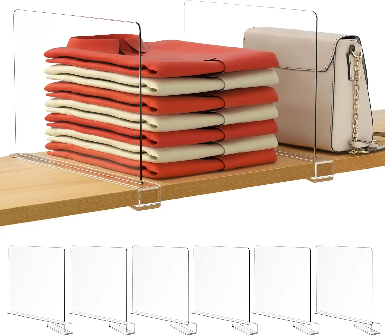 

Clear Shelf Dividers for Closet Organization, 6 Pack Acrylic Vertical Purge Organizer for Sweaters, Shirts, Handbags