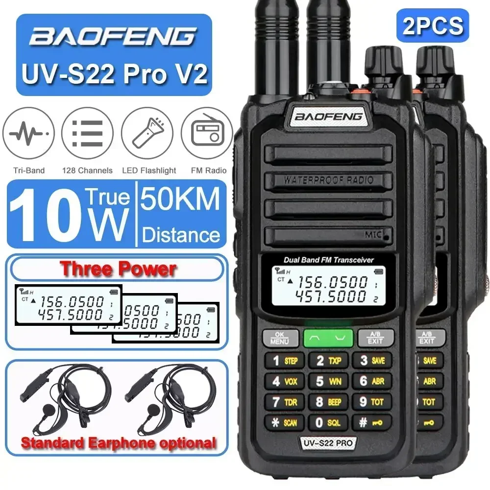 

2PCS Baofeng 10W High Power IP68 Waterproof Walkie Talkie 128CH VOX CTCSS DCS 50KM UHF VHF Tri Power Long Range FM Radio UV-S22
