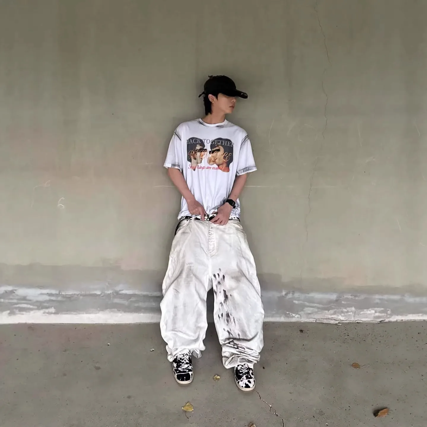 Project G/R Limited Edition Collaboration Vintage Washed Stained Printed Portrait Print Short-Sleeved T-Shirt for Men by Grailz