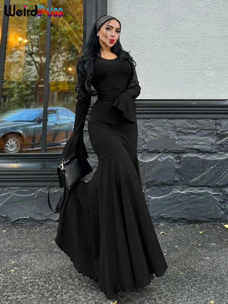 Vestido elegante acanalado con diseño de gato extraño para mujer, cuello redondo, manga acampanada lisa, dobladillo con volantes y cordones, tendencia urbana, ceñido largo clásico elástico