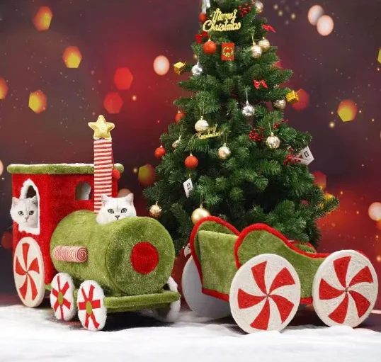 

High Quality Warm Christmas Train Cat Climbing Frame Cat House Toys Cat Tree Scratcher