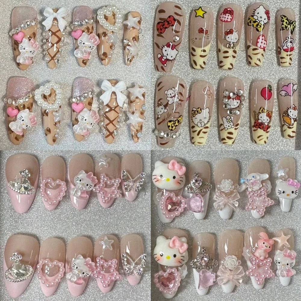 

Kawaii Sanrio Hello Kitty 3D Handmade Acrylic Wearable Press On Nails Sweet Cute French Almonds Pearl Love Pentagram Fake Nails