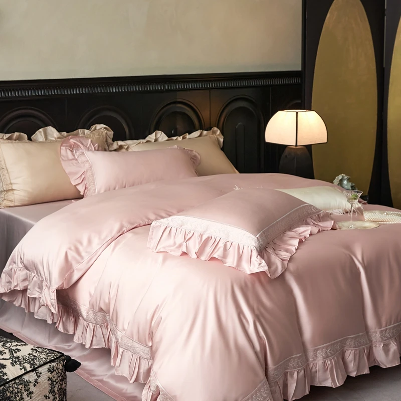 4Pcs Luxury Embroidery Ruffles Bedding Set 1000TC Lyocell Cotton Soft Silky Duvet Coves Set Flat/Fitted Bed Sheet Pillowcases