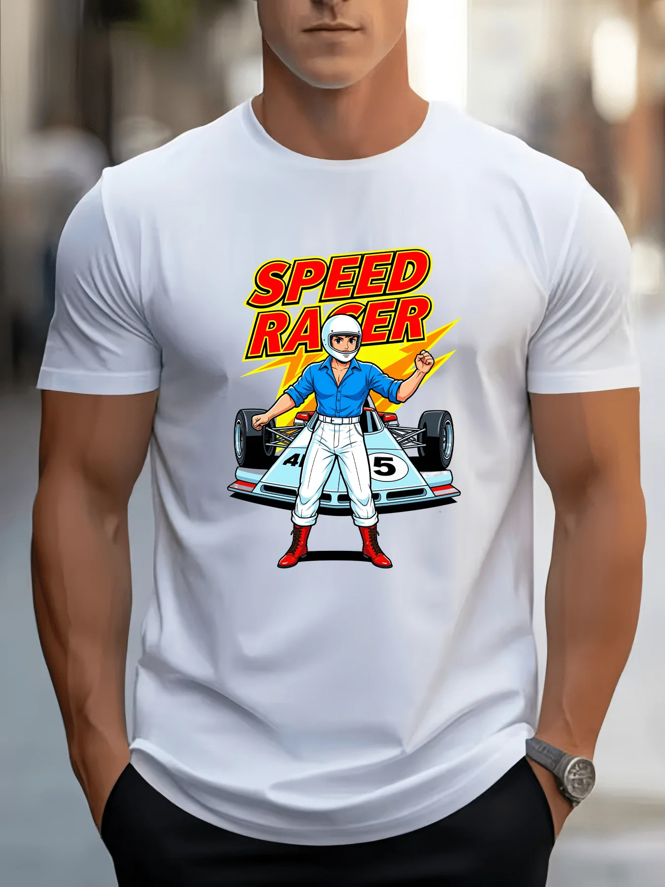 Men Speed Racer Car Graphic Cotton T Shirt Crew Neck Retro Racing Print Male Summer Short Sleeve Sport Casual Streetwear Tops