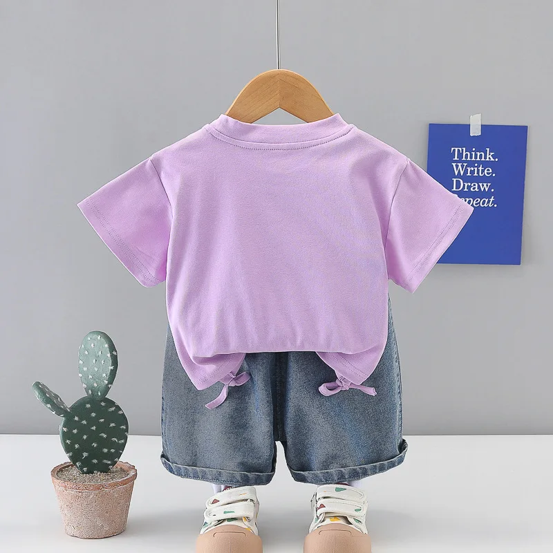 2026 New Toddler Girls 2Pcs Outfit Sequin Butterfly Print T-shirt and Bow Denim Shorts Set 0-5T Cute Kids Summer Casual Clothes