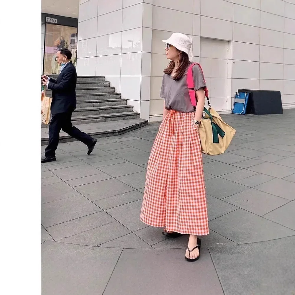 Pop ฤดูร้อนใหม่ลายสก๊อตกางเกงขากว้าง Elastic High เอวกระชับสัดส่วน Casual หลวมกางเกงผู้หญิงกางเกงยาวอเนกประสงค์หญิง
