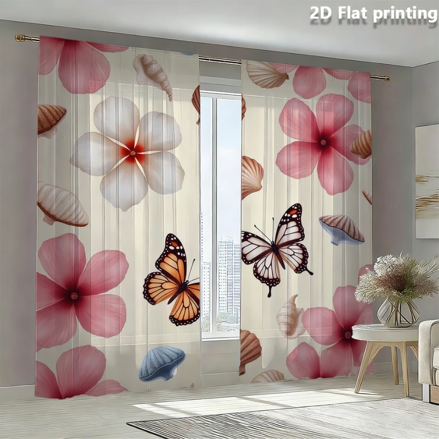 2PCS Digital Print Sheer Curtain, Shell Butterfly Flower, Vintage Floral Window Curtains for Living Room Bedroom Home Decor