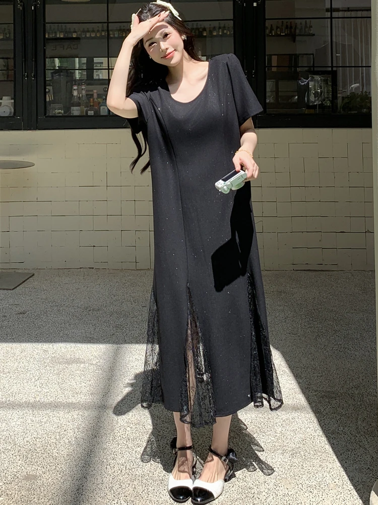 NYFS فستان صيفي 2025 كوريا نمط المرأة فضفاضة حجم كبير كم قصير المرقعة الدانتيل تنحنح فستان طويل رداء Elbise