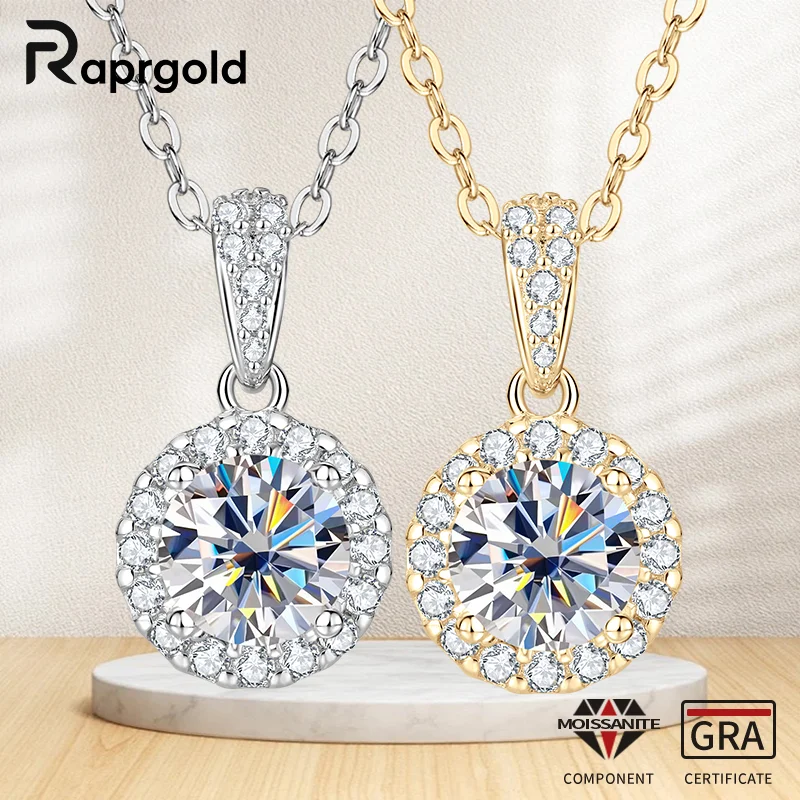 

RAPRGOLD 1CT Moissanite Classic Round Halo Pendant Necklaces for Women S925 Sterling Silver Chains Wedding Jewelry Gift Collares