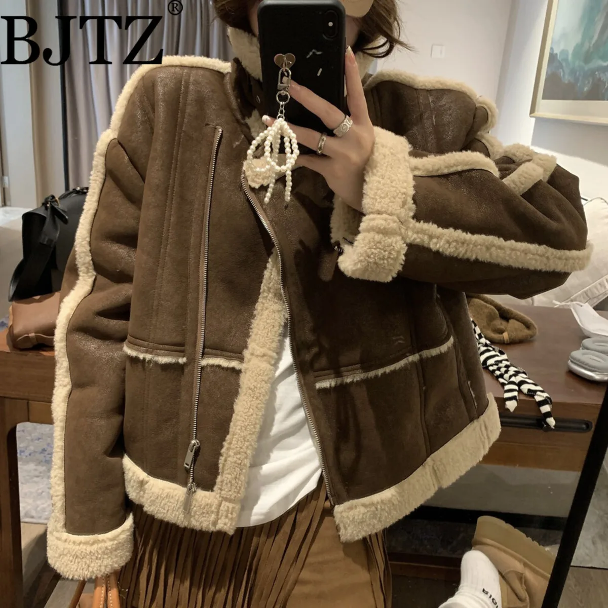 

BJTZ Women’s Shearling Cropped Jacket Belted Heavyweight Coat Elegant Minimalist Luxury Designer Casual Winter Warm Outerwear