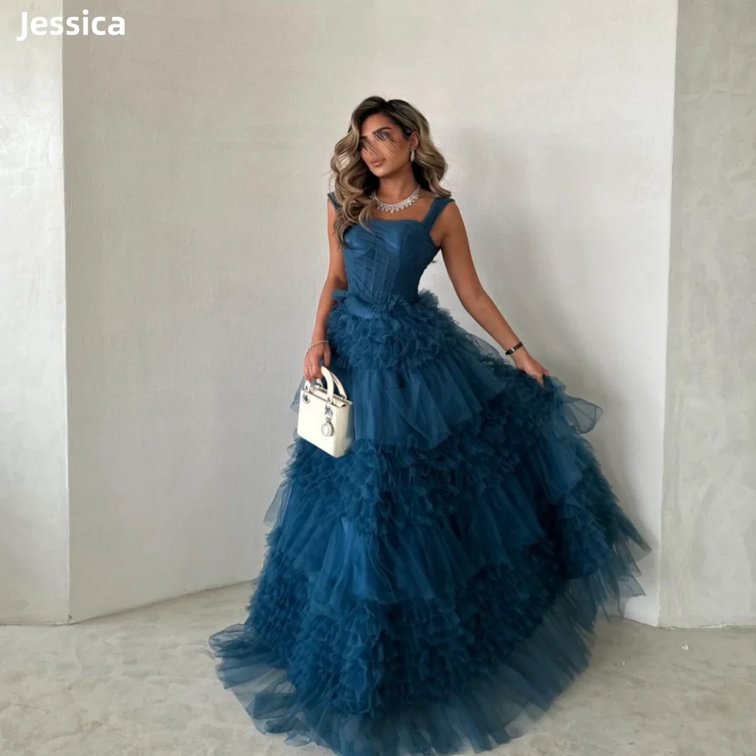 Jessica-vestido de novia azul oscuro, vestidos de fiesta multicapa de tul hechos a mano, vestidos árabes para ocasiones a medida, personalizados