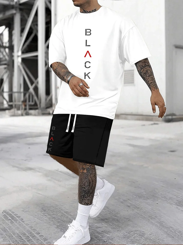 Summer Men's Casual Sportswear Loose Fit Set Black Letter Print Comfortable Crew Neck Short-Sleeve Top and Shorts Two-Piece Set