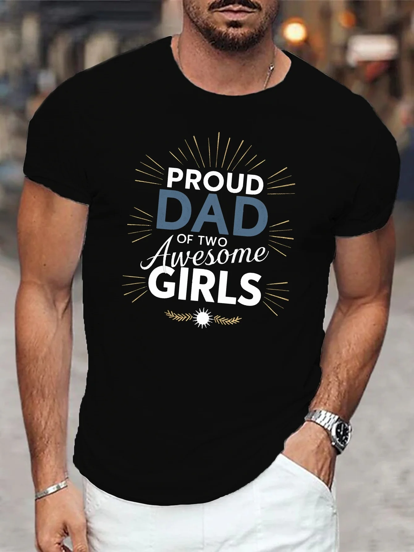 Proud Dad of Two Girls Graphic T-Shirt - Men's Casual Short Sleeve T-Shirt, Breathable Fiber, Machine Washable - Perfect Summer Gift