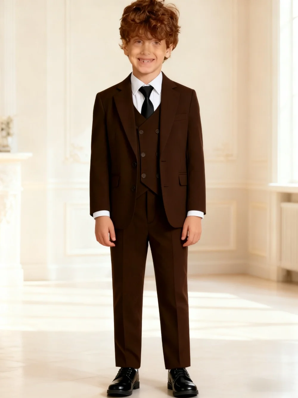Classic Brown Flower Boy Blue Wedding Outfit Set Kids' Formal Piano Host Piano Performance Blazer Suit Baby's Birthday Ceremony