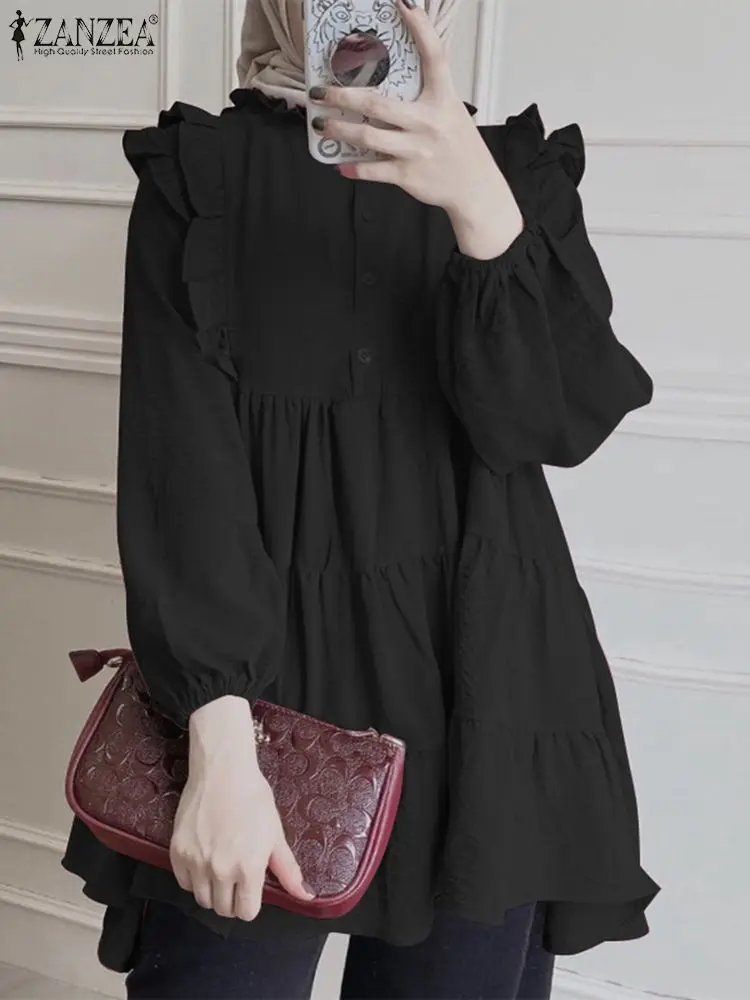Women Elegant Long Sleeve Ruffles Blouse ZANZEA Spring Summer Muslim Tops Stylish Flounce Hem Shirt Ramadan Abaya Turkey Blusas