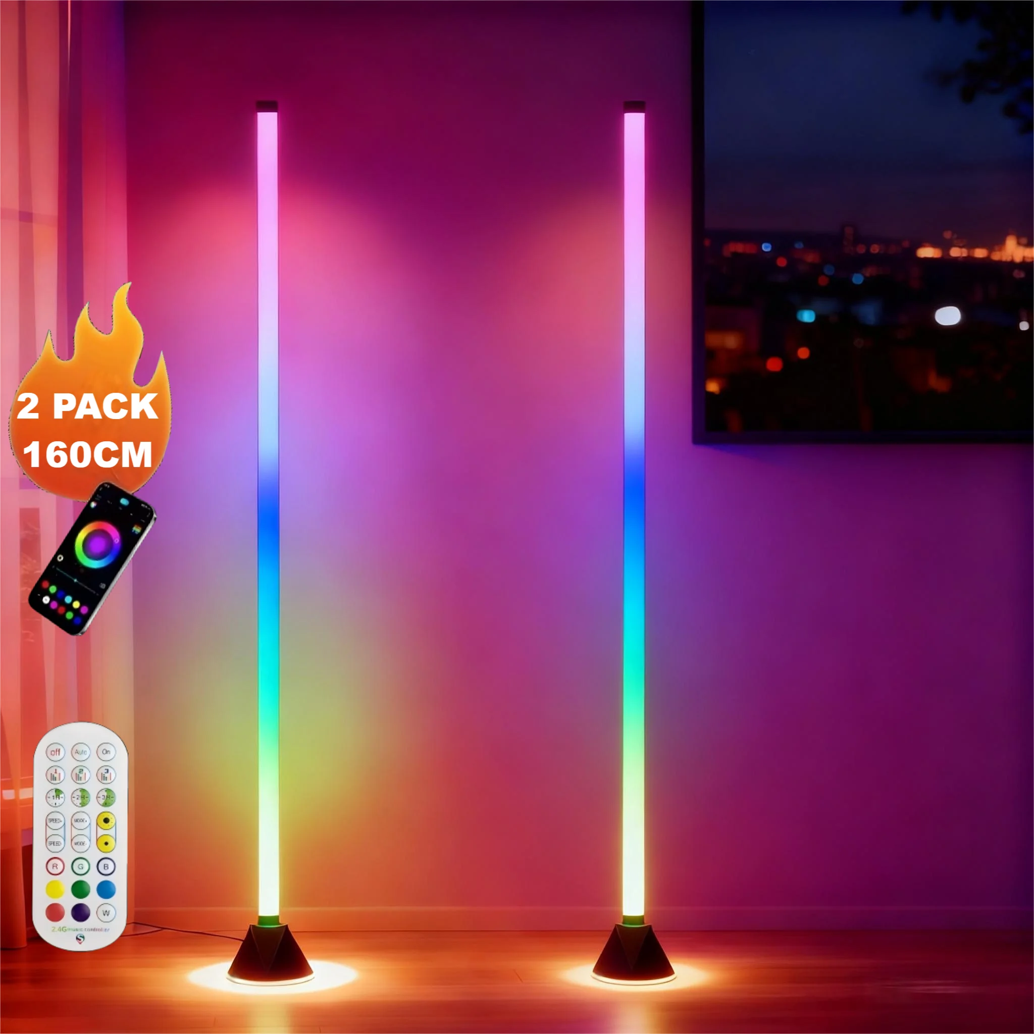 2Pack Corner Floor Lamp RGBIC LED Smart Modern Floor Lamp App Remote Control,Music Sync,Color Changing Standing Lamp for Bedroom
