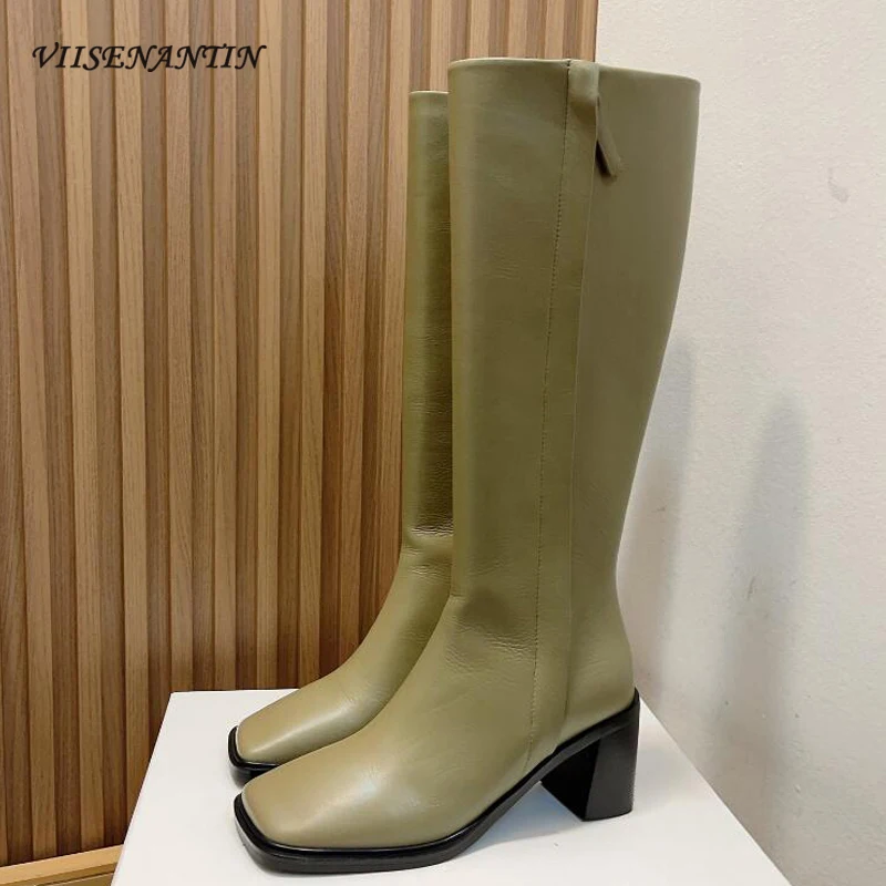 

Women Knee High Boots Autumn Winter New Square Toe Chunky High Heel Women Shoes Side Zipper Black Khaki Solid Ladies Long Boots