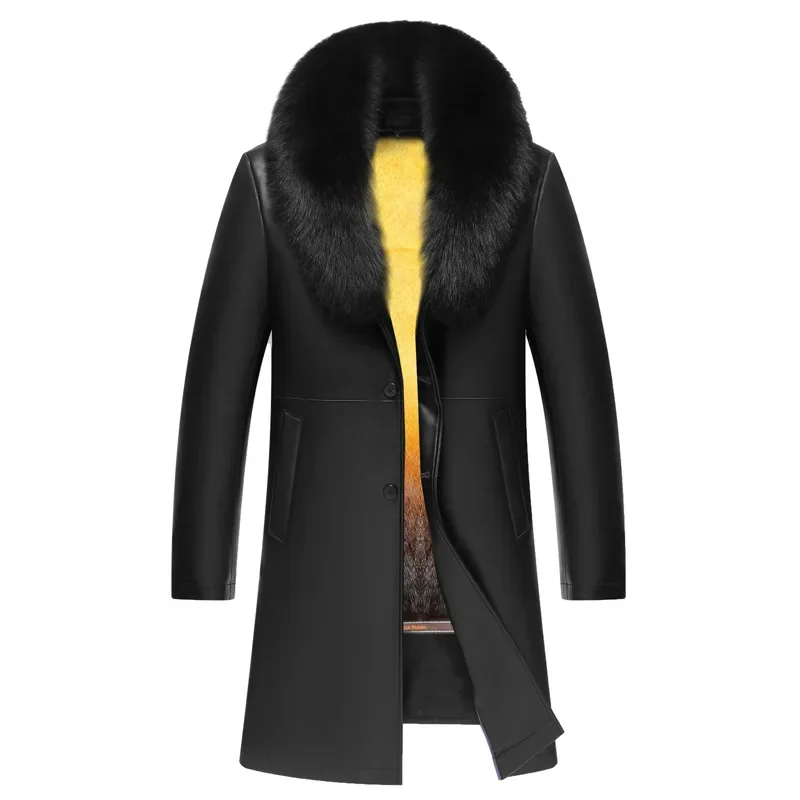 

Genuine Leather Jacket Men's Long Suit Collar Fur Integrated Sheep Skin Trench Coat Men's Golden Mink Inner Jacket