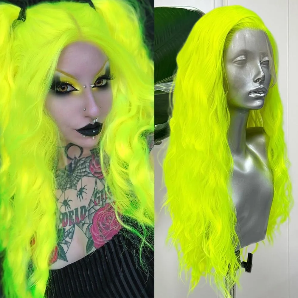 Fluorescent Green Wig Loose Wavy Wig Middle Part 26 Inch 13x4 Hd Heat Resistant Glueless Synthetic clearance for Daily Party Use