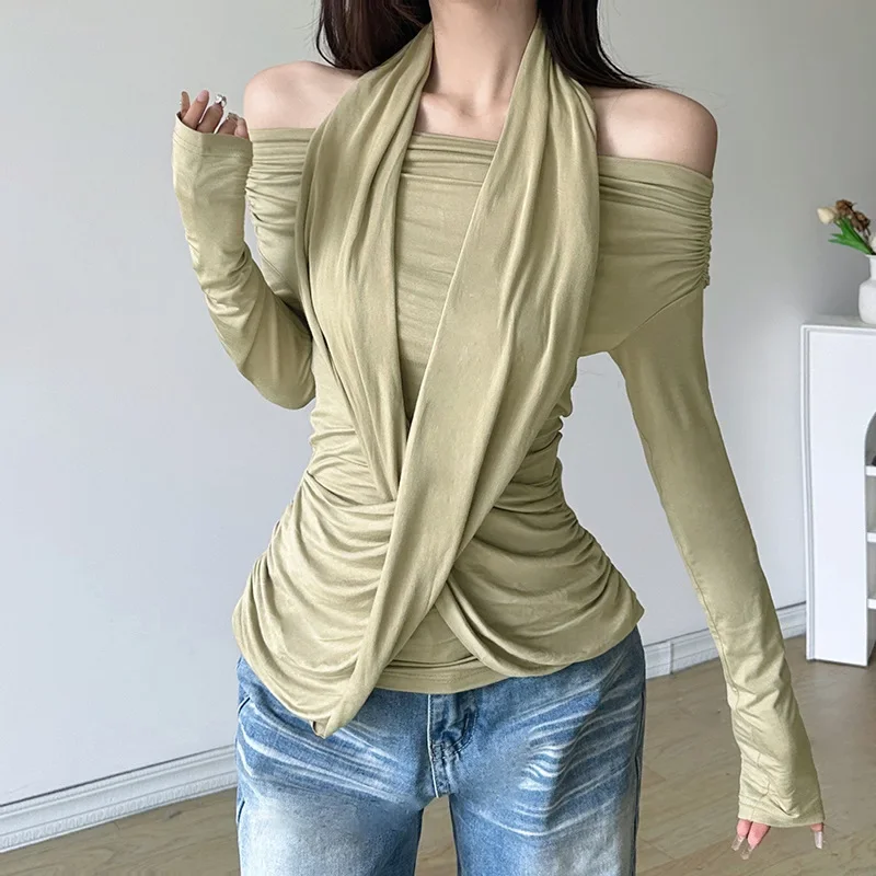 Fashionable Elegant And Personalized New Women's Clothing With Unique Cross Strap Design And Elegant Olive Green Pleated Top