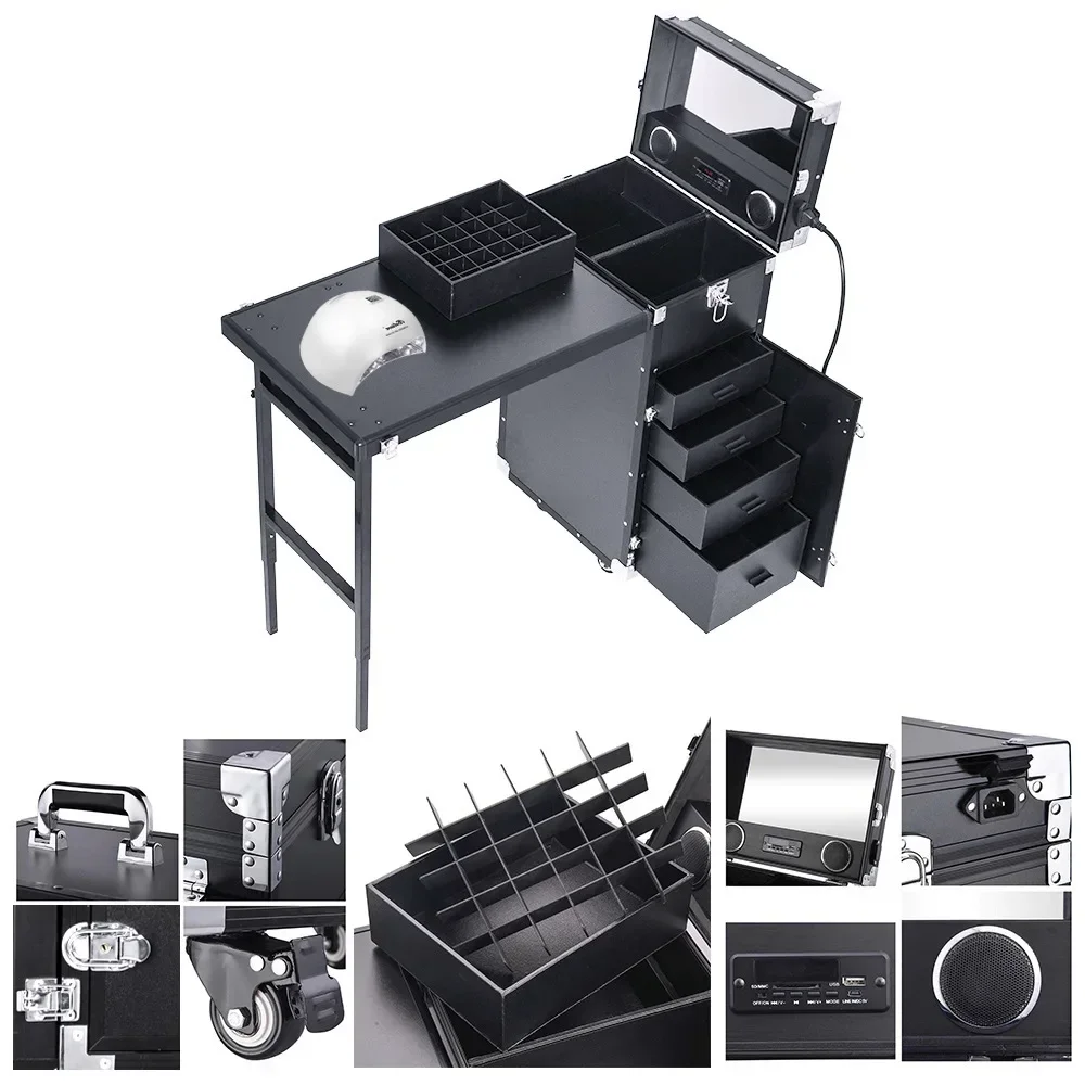 

Rolling Manicure Table Makeup Case Foldable Nail Desk 5 Drawers Cosmetology Case on Wheels with Brush Pouch