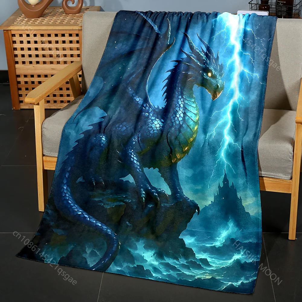 Multiple sizes Blue dragon faces lightning Print Blanket Flannel Material Soft Warm for All Seasons Home Outdoor Camping Picnics
