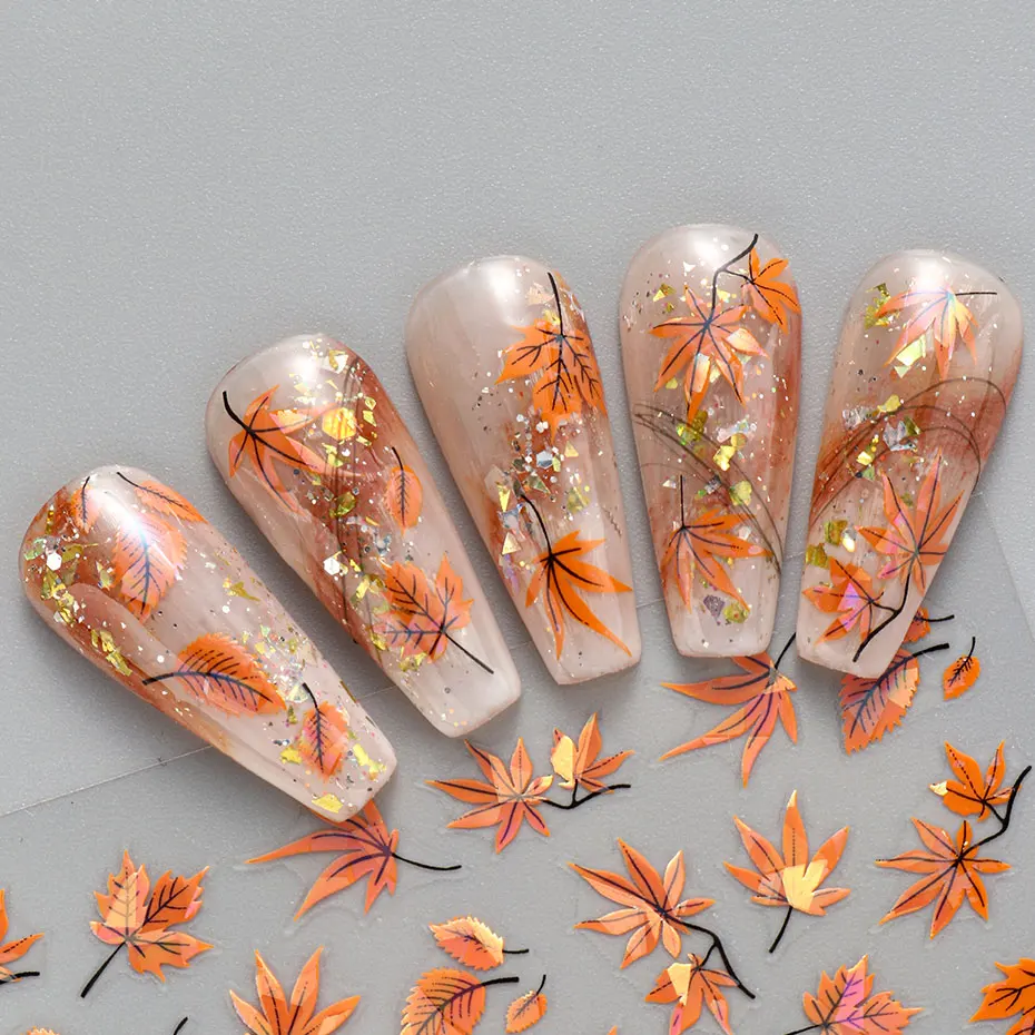 2pcs 3D Autumn Charms Nail Decal Laser Maple Leaves Design Nail Art Stickers Fall Leaf DIY Sliders for Nail Foils Manicure Decor