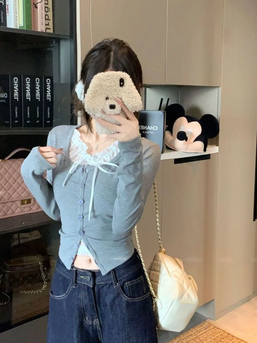 Sweet Lace Splice Long Sleeve T-Shirt Women's Slim Fit  Knot Design Button up Slimming Base Shirt Commute Style
