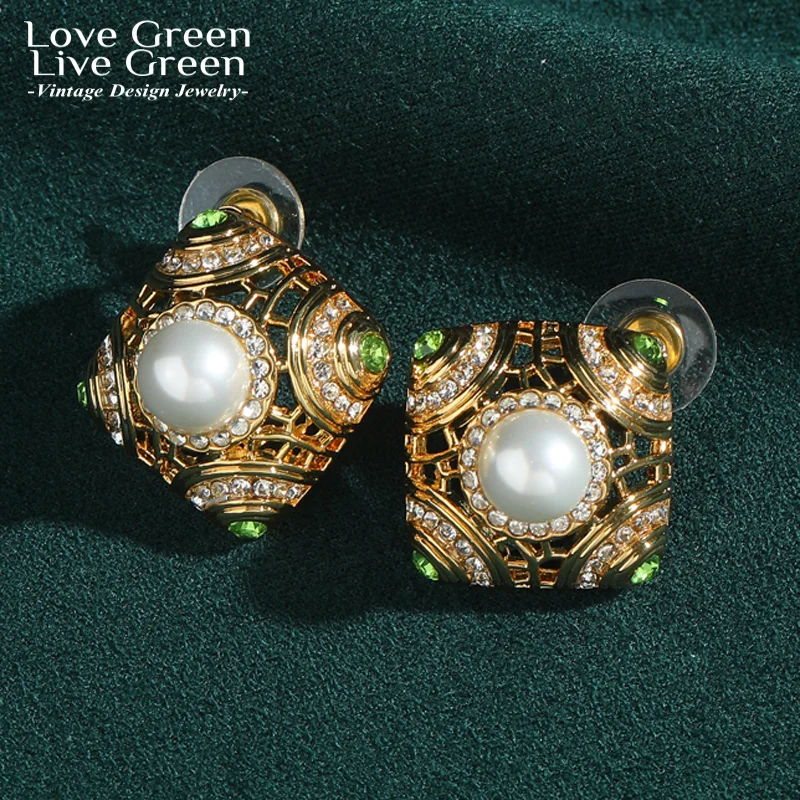 

Vintage Enamel Green Glaze Square Pearl Stud Earrings For Women Royal Court Hollow Gold Color Jewelry Anniversary Trends 2026