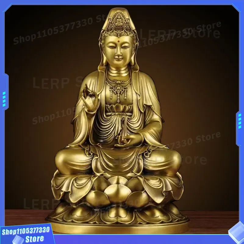High End Copper Guanyin Bodhisattva Statue Sitting on Lotus for Home Buddhist Hall Desktop Decoration Religious Offering
