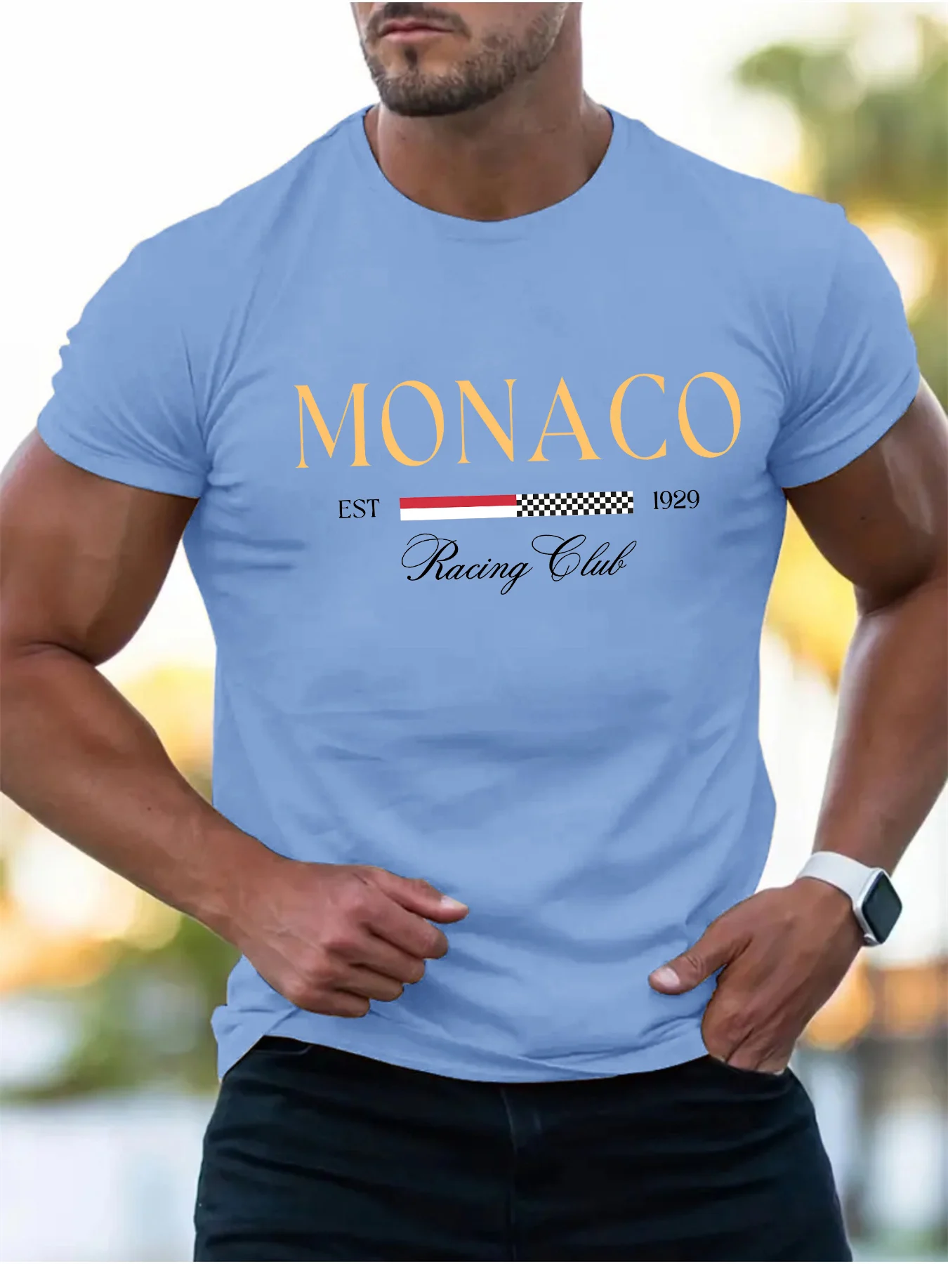 Summer men's 100% pure cotton casual loose MONACO letter printed sports comfortable round neck short sleeved T-shirt top