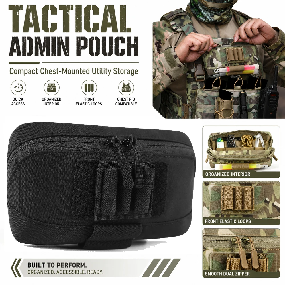 

Tactical Admin Pouch Horizontal MOLLE EDC Utility Bag with Hook Loop Panel, Glow Stick Holder for Vest Chest Belt