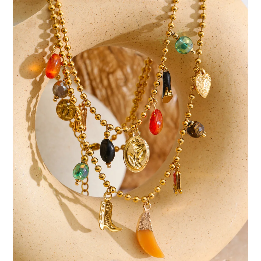 Yhpup Resin Acrylic Stone Heart Flower High Heels Drop Charms Necklace Stylish Unique Stainless Steel Double-Layer Chain Jewelry